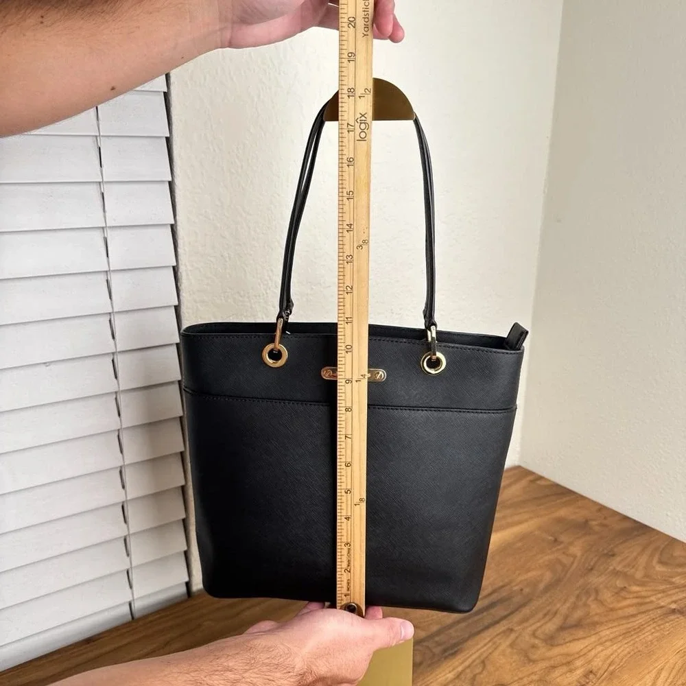 Michael Kors Bedford Medium Tote Black Saffiano Leather Bag Gold Hardware